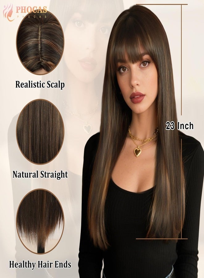 PHOCAS Long Brown Wig with Highlights Ombre Brown Wig with Blonde Highlights Wig 23'' Long Brown Wig with Bangs for Women Daily Use - Image 4